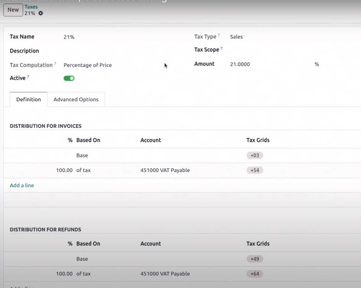 Configure 21% Belgian VAT in Odoo tax settings with journal and account mapping