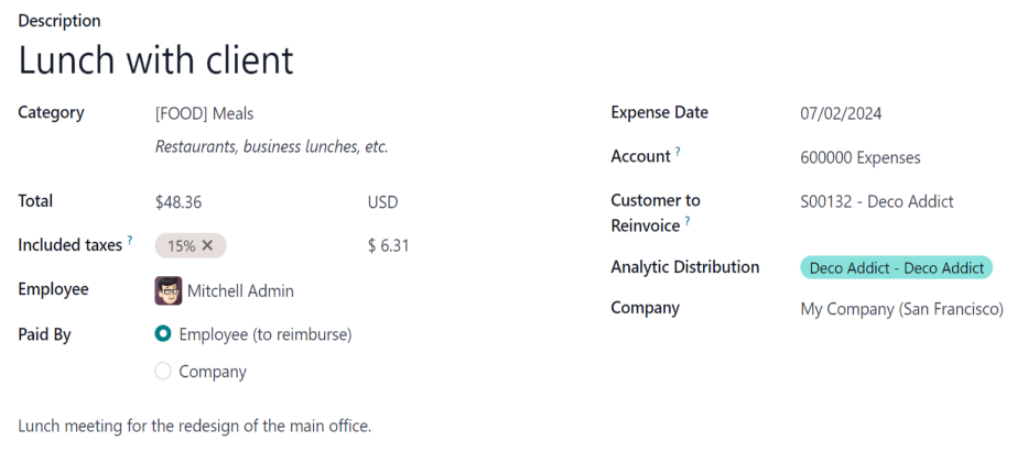 Example of an expense submission in Odoo, with category, taxes, and project allocation.